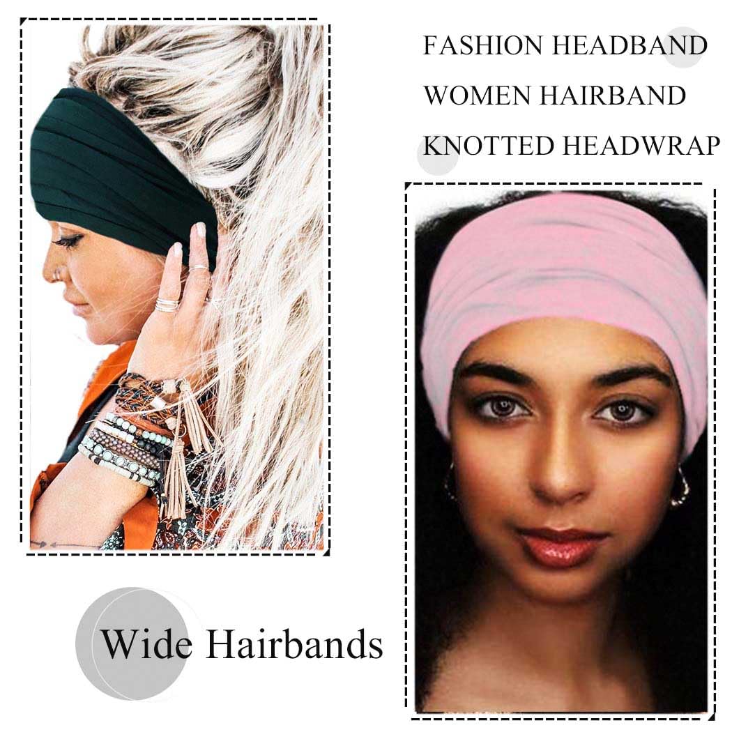 Wide Headbands Stretch Turban Knotted Hairbands Elastic Yoga Workout Sweatband Running Sport Head Scarf Large African Head Wraps for Women 4 Pcs (Set A)