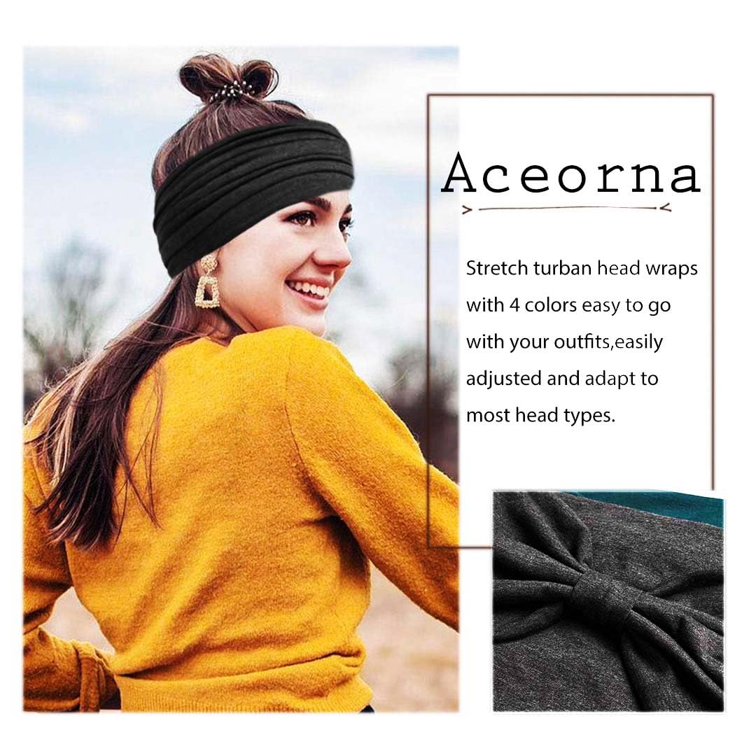 Wide Headbands Stretch Turban Knotted Hairbands Elastic Yoga Workout Sweatband Running Sport Head Scarf Large African Head Wraps for Women 4 Pcs (Set A)