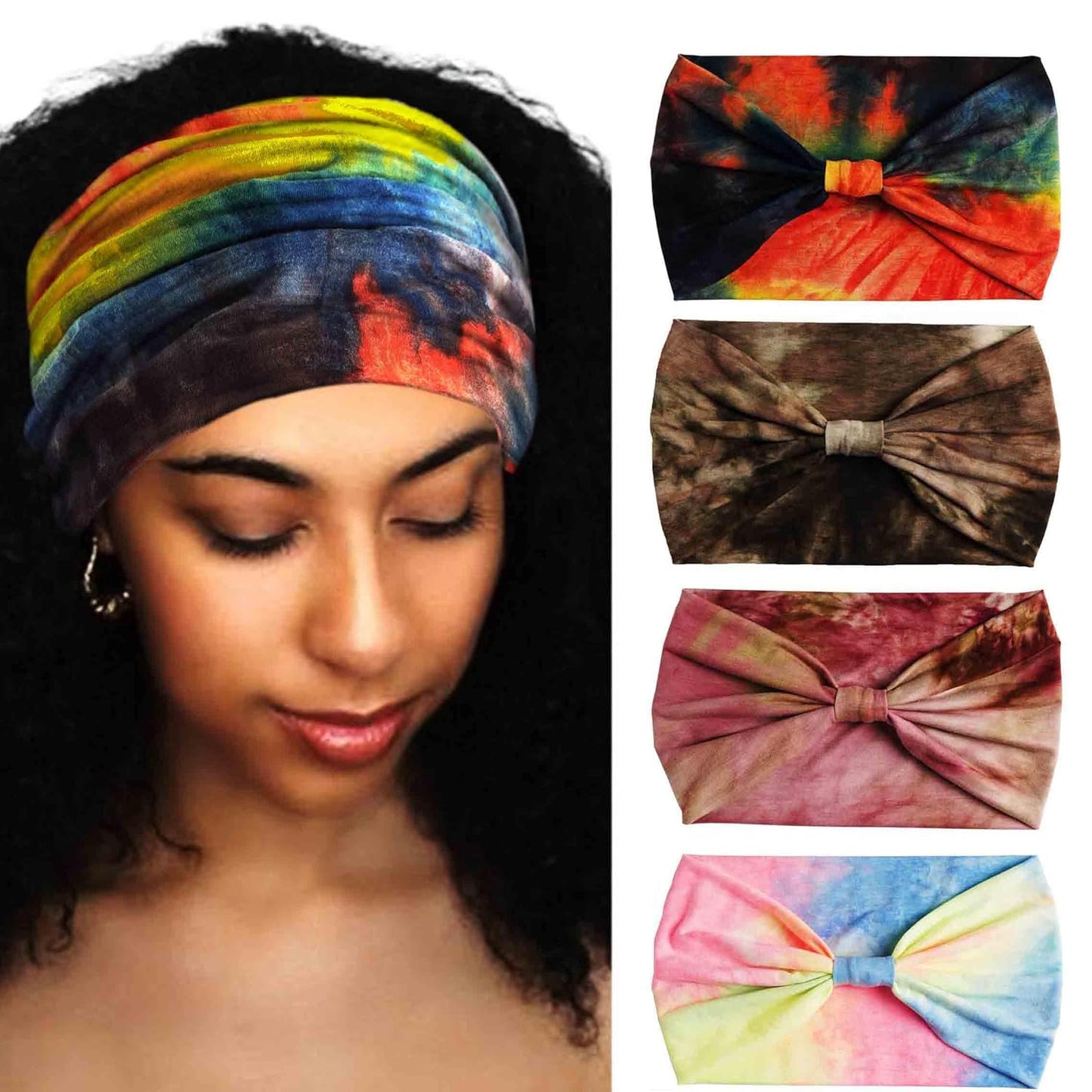 Wide Headbands Stretch Turban Knotted Hairbands Elastic Yoga Workout Sweatband Running Sport Head Scarf Large African Head Wraps for Women 4 Pcs (Set A)