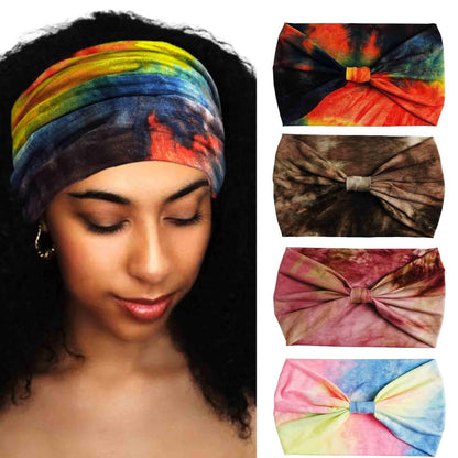 Wide Headbands Stretch Turban Knotted Hairbands Elastic Yoga Workout Sweatband Running Sport Head Scarf Large African Head Wraps for Women 4 Pcs (Set A)