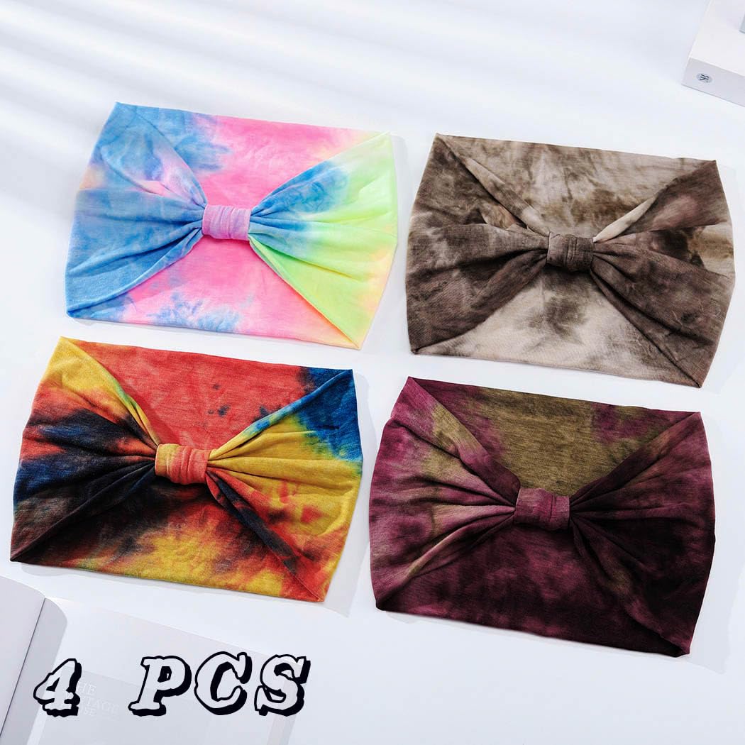 Wide Headbands Stretch Turban Knotted Hairbands Elastic Yoga Workout Sweatband Running Sport Head Scarf Large African Head Wraps for Women 4 Pcs (Set A)