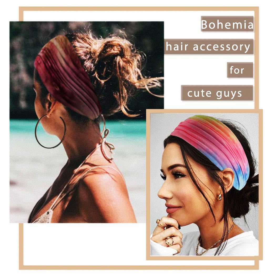 Wide Headbands Stretch Turban Knotted Hairbands Elastic Yoga Workout Sweatband Running Sport Head Scarf Large African Head Wraps for Women 4 Pcs (Set A)