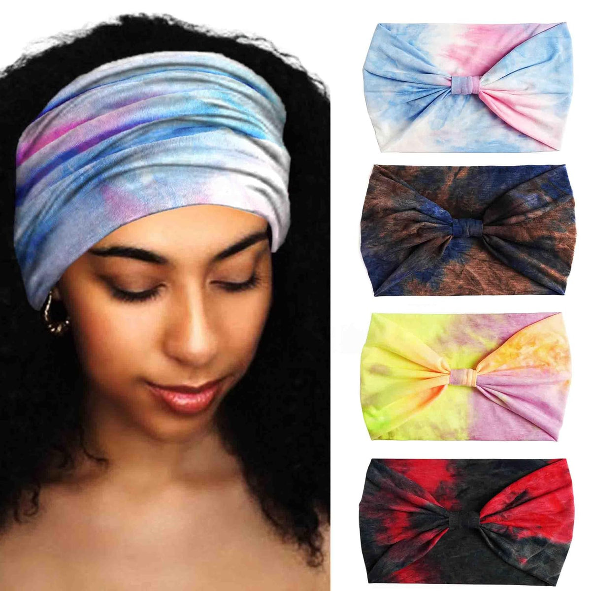Wide Headbands Stretch Turban Knotted Hairbands Elastic Yoga Workout Sweatband Running Sport Head Scarf Large African Head Wraps for Women 4 Pcs (Set A)