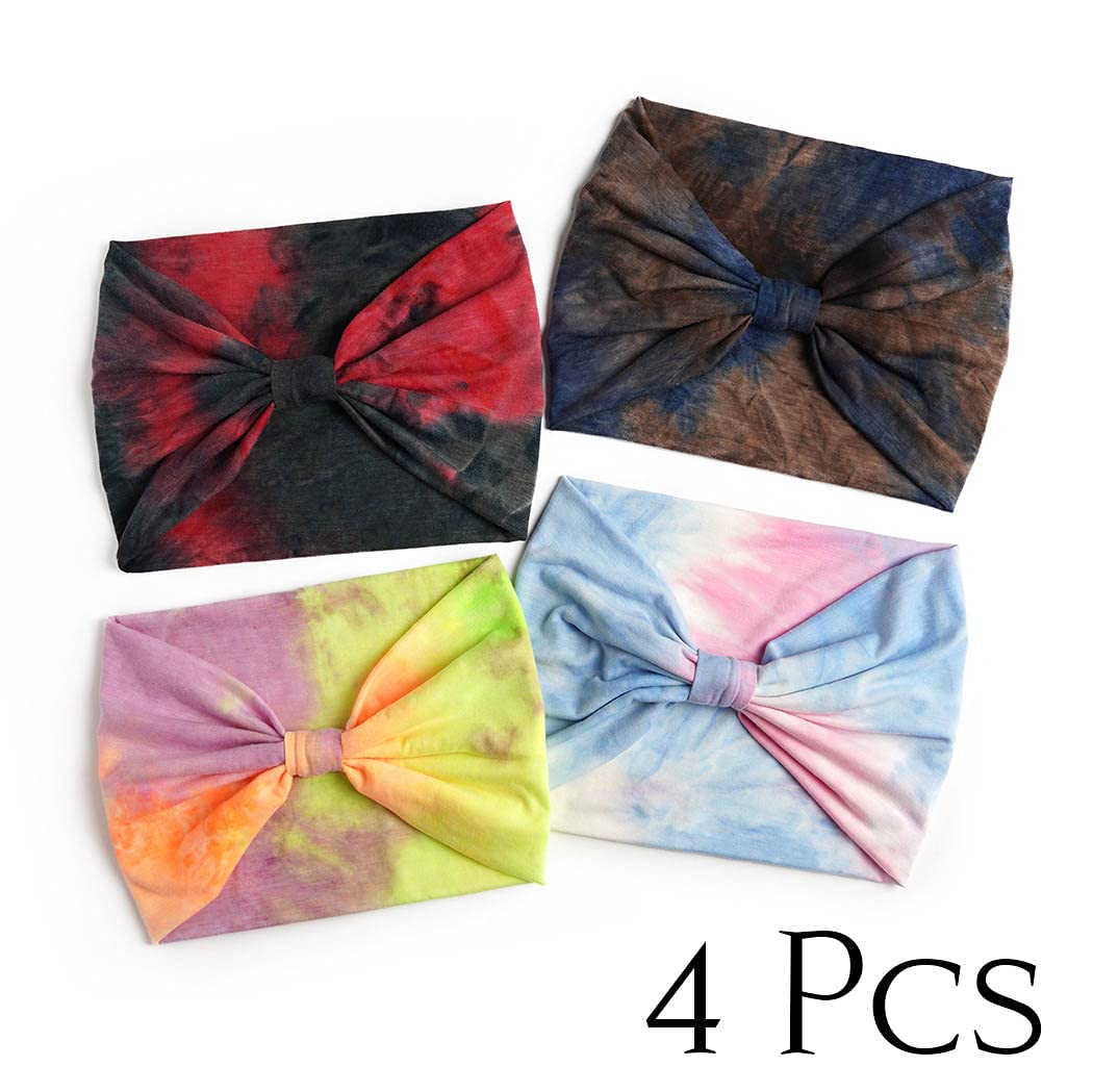 Wide Headbands Stretch Turban Knotted Hairbands Elastic Yoga Workout Sweatband Running Sport Head Scarf Large African Head Wraps for Women 4 Pcs (Set A)
