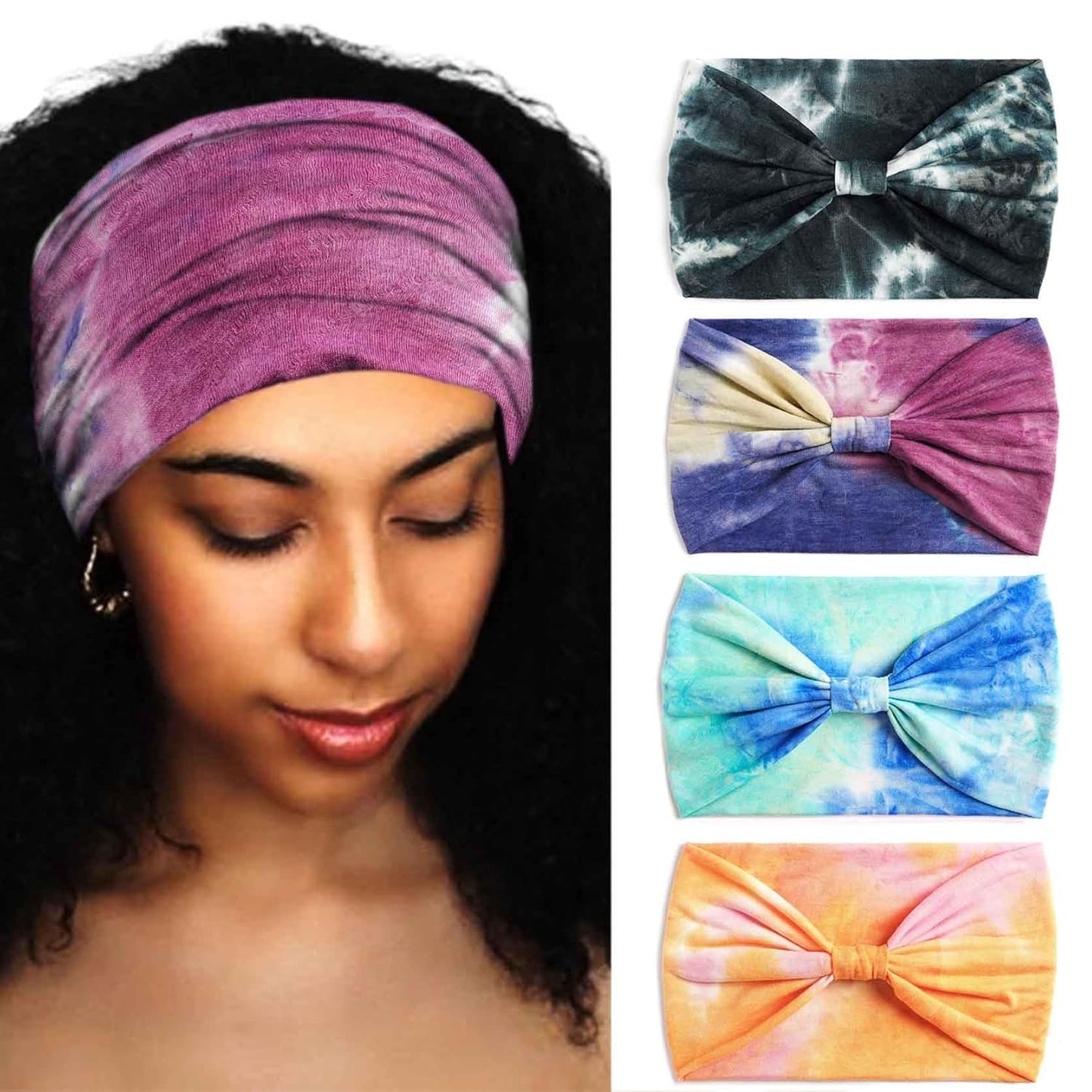 Wide Headbands Stretch Turban Knotted Hairbands Elastic Yoga Workout Sweatband Running Sport Head Scarf Large African Head Wraps for Women 4 Pcs (Set A)