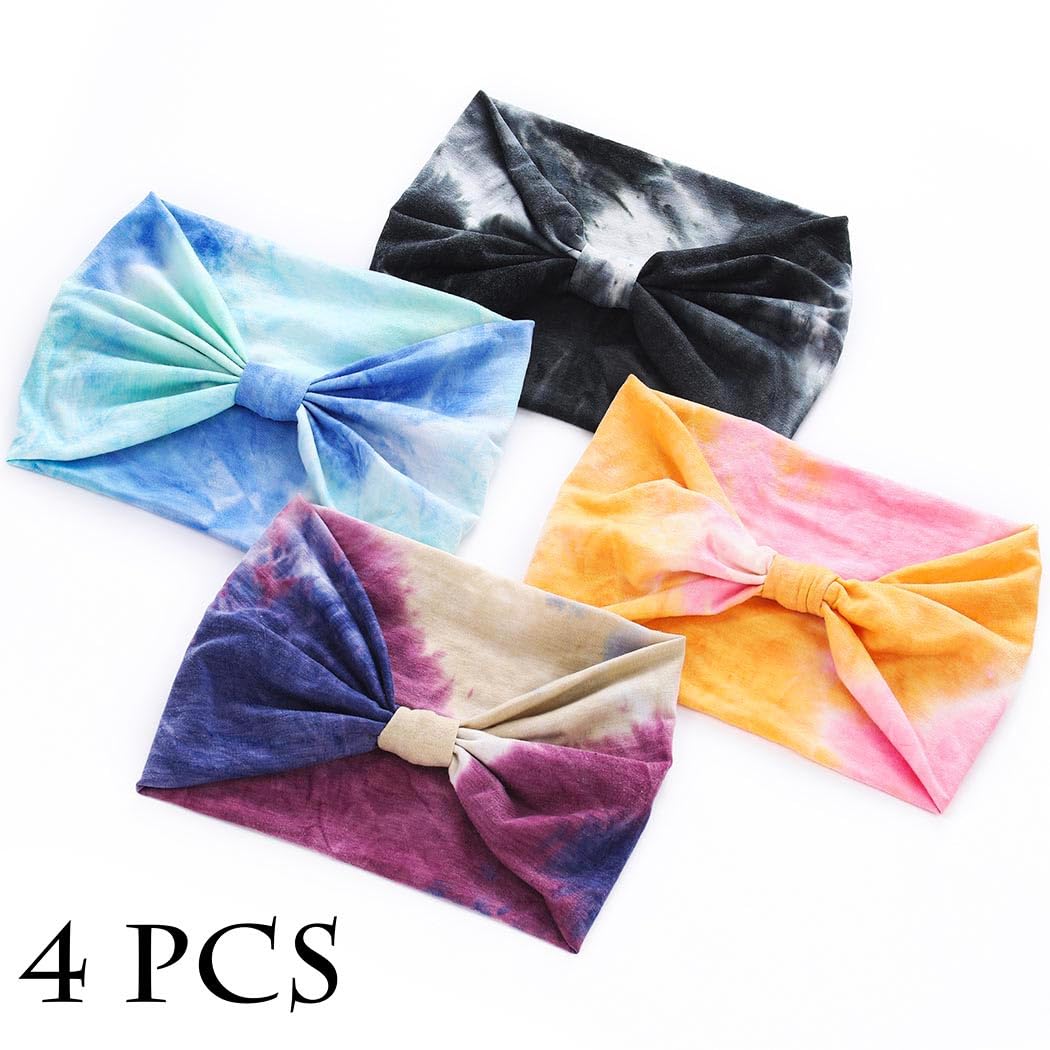 Wide Headbands Stretch Turban Knotted Hairbands Elastic Yoga Workout Sweatband Running Sport Head Scarf Large African Head Wraps for Women 4 Pcs (Set A)