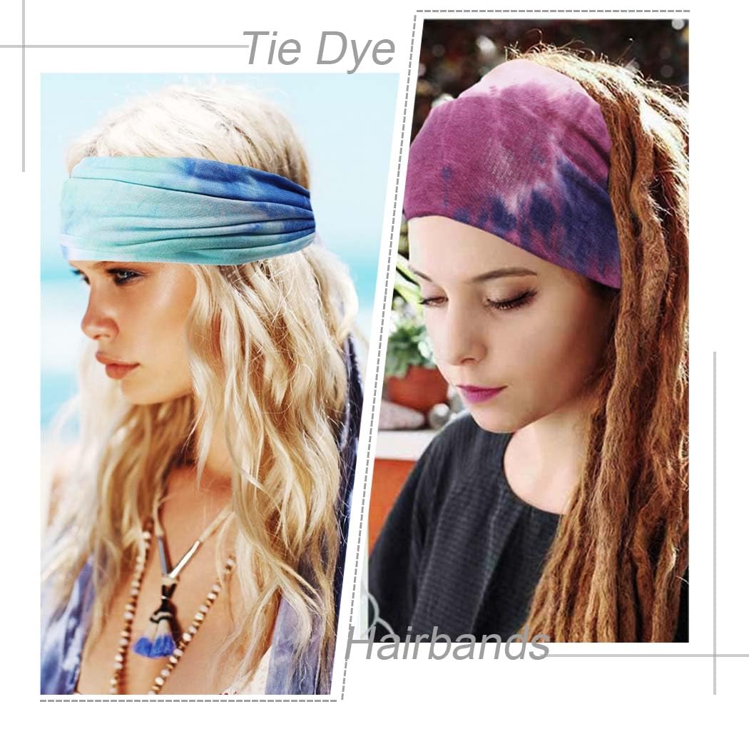 Wide Headbands Stretch Turban Knotted Hairbands Elastic Yoga Workout Sweatband Running Sport Head Scarf Large African Head Wraps for Women 4 Pcs (Set A)