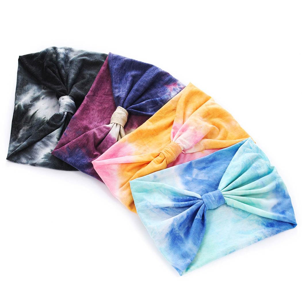 Wide Headbands Stretch Turban Knotted Hairbands Elastic Yoga Workout Sweatband Running Sport Head Scarf Large African Head Wraps for Women 4 Pcs (Set A)