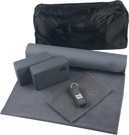 7 Piece Yoga Kit for Women & Men, 6mm Cushioned Mat, 2 Blocks, Strap, Mat and Hand Towels & Carrying Bag - Starter Yoga Set, Accessories & Equipment for Home Workout
