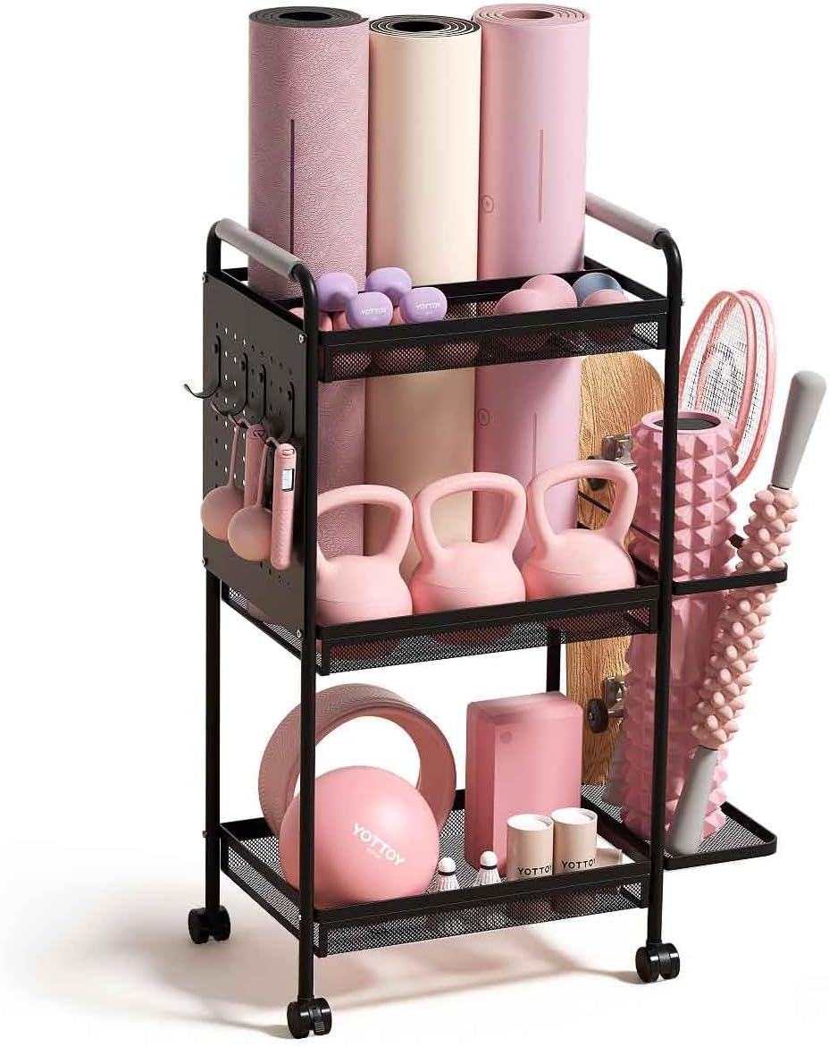 3-Tier Gym Storage Rack for Home Gym–Multi-Functional Weight Rack, Dumbbell Rack, Yoga Mat Holder with Side Basket & 6 Hooks, Gym Equipment Organizer