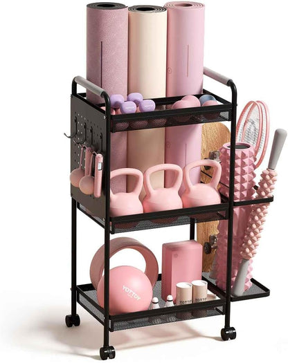 3-Tier Gym Storage Rack for Home Gym–Multi-Functional Weight Rack, Dumbbell Rack, Yoga Mat Holder with Side Basket & 6 Hooks, Gym Equipment Organizer