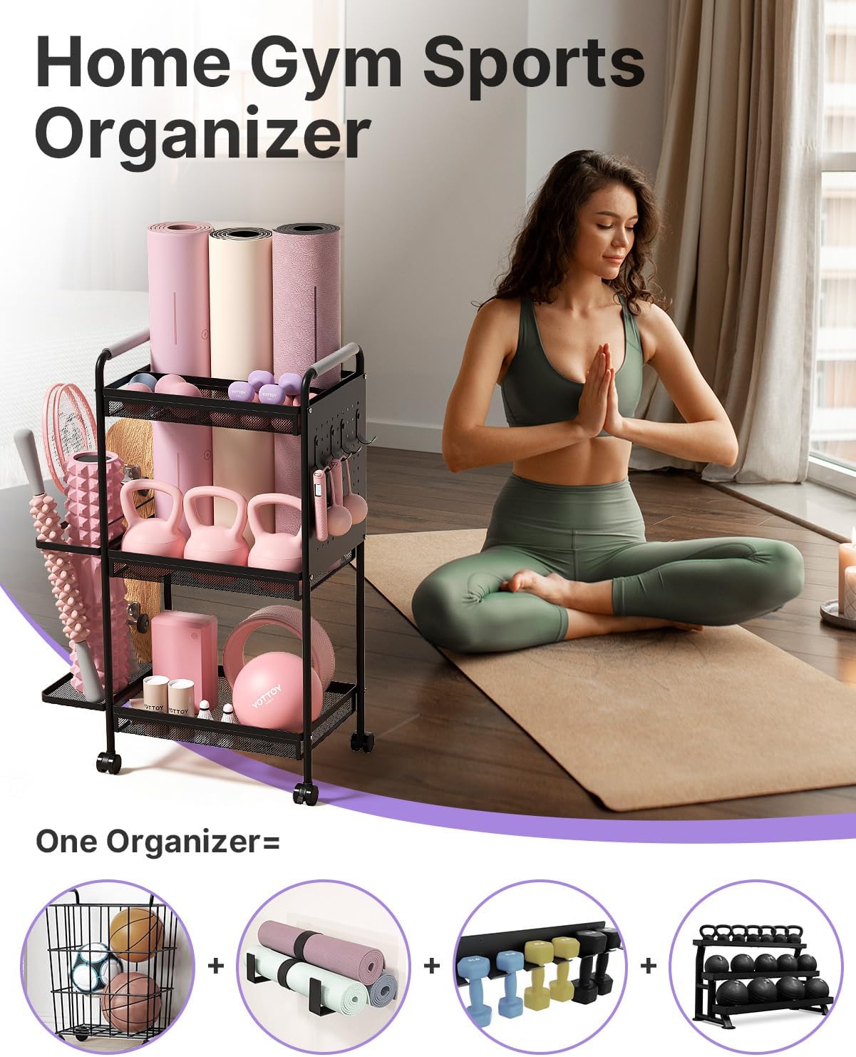 3-Tier Gym Storage Rack for Home Gym–Multi-Functional Weight Rack, Dumbbell Rack, Yoga Mat Holder with Side Basket & 6 Hooks, Gym Equipment Organizer