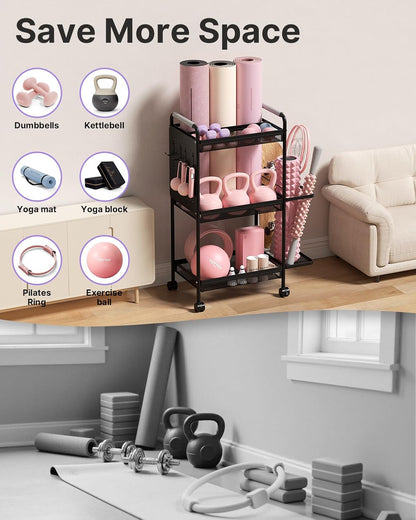 3-Tier Gym Storage Rack for Home Gym–Multi-Functional Weight Rack, Dumbbell Rack, Yoga Mat Holder with Side Basket & 6 Hooks, Gym Equipment Organizer