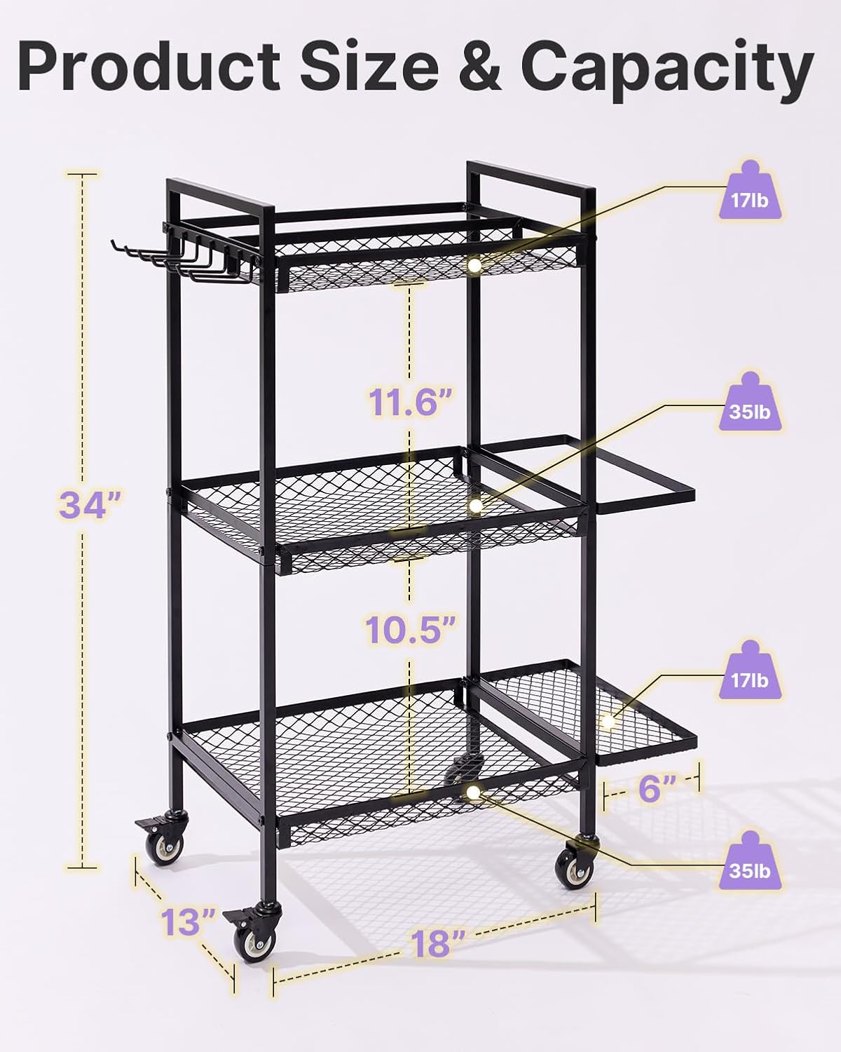 3-Tier Gym Storage Rack for Home Gym–Multi-Functional Weight Rack, Dumbbell Rack, Yoga Mat Holder with Side Basket & 6 Hooks, Gym Equipment Organizer