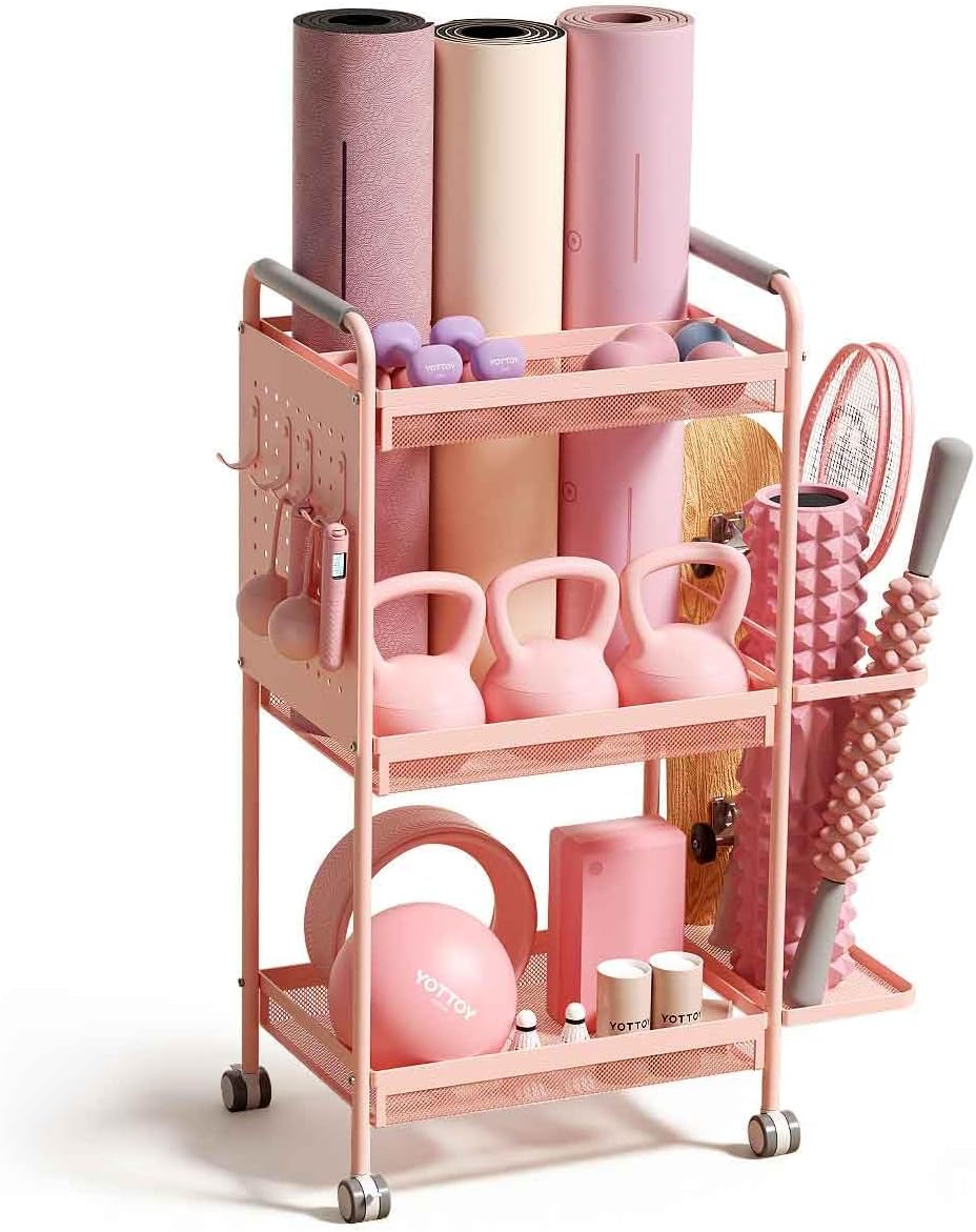 3-Tier Gym Storage Rack for Home Gym–Multi-Functional Weight Rack, Dumbbell Rack, Yoga Mat Holder with Side Basket & 6 Hooks, Gym Equipment Organizer