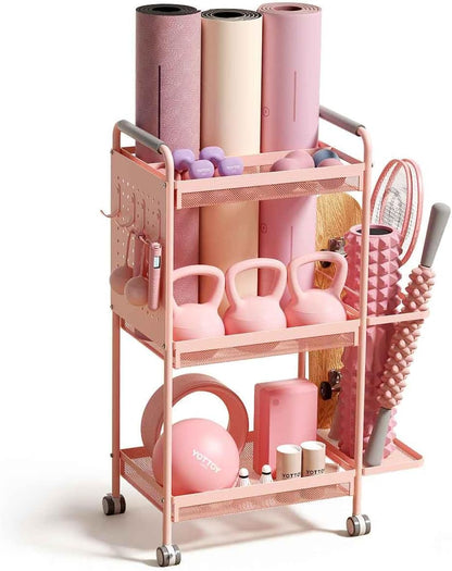 3-Tier Gym Storage Rack for Home Gym–Multi-Functional Weight Rack, Dumbbell Rack, Yoga Mat Holder with Side Basket & 6 Hooks, Gym Equipment Organizer