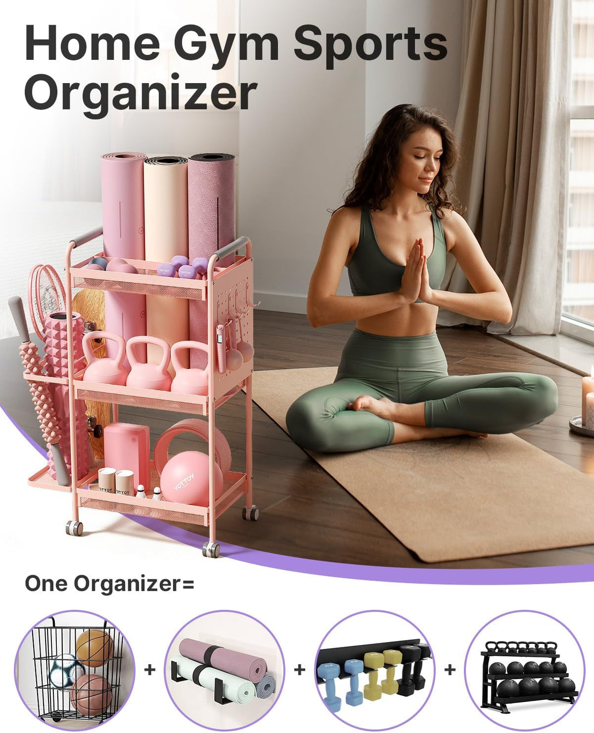 3-Tier Gym Storage Rack for Home Gym–Multi-Functional Weight Rack, Dumbbell Rack, Yoga Mat Holder with Side Basket & 6 Hooks, Gym Equipment Organizer
