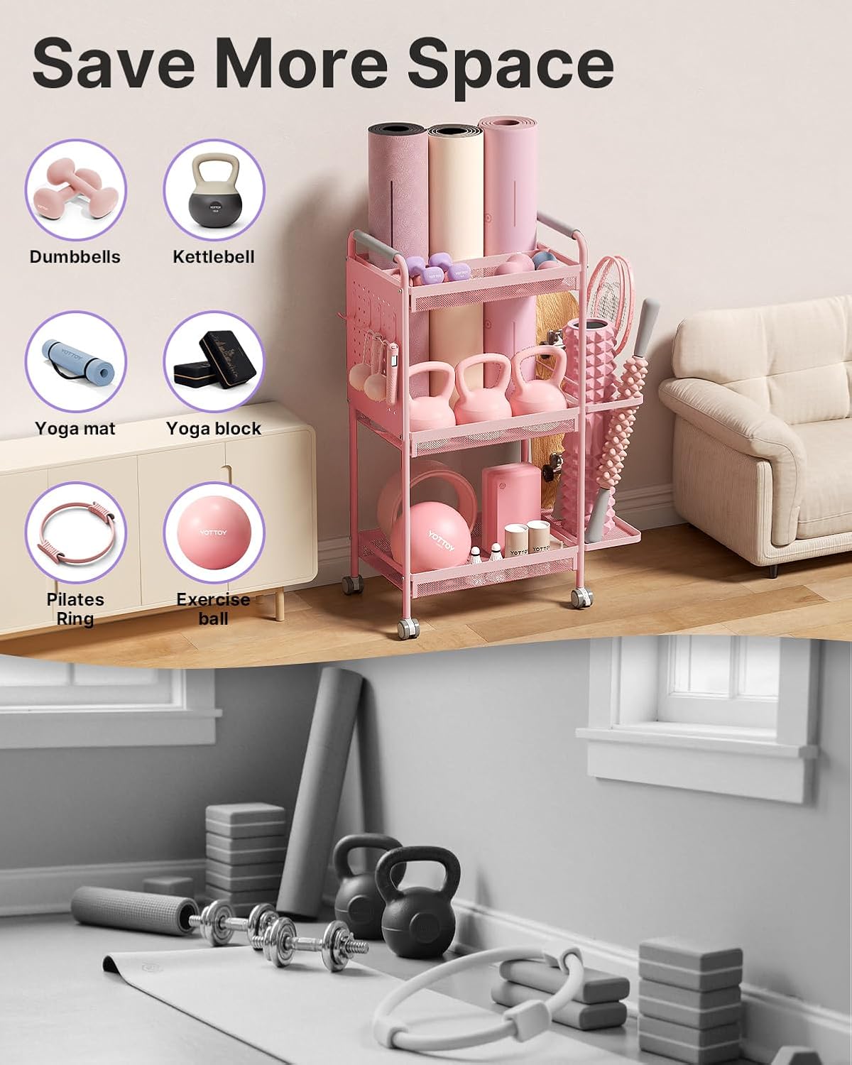 3-Tier Gym Storage Rack for Home Gym–Multi-Functional Weight Rack, Dumbbell Rack, Yoga Mat Holder with Side Basket & 6 Hooks, Gym Equipment Organizer