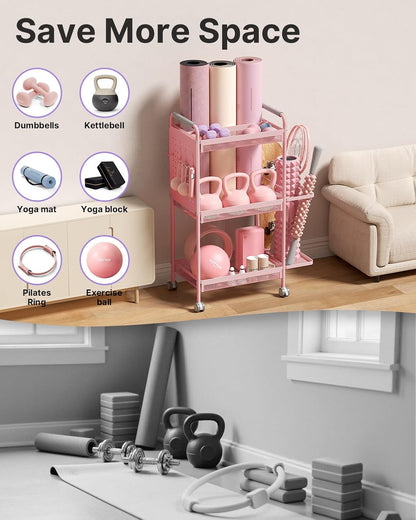 3-Tier Gym Storage Rack for Home Gym–Multi-Functional Weight Rack, Dumbbell Rack, Yoga Mat Holder with Side Basket & 6 Hooks, Gym Equipment Organizer