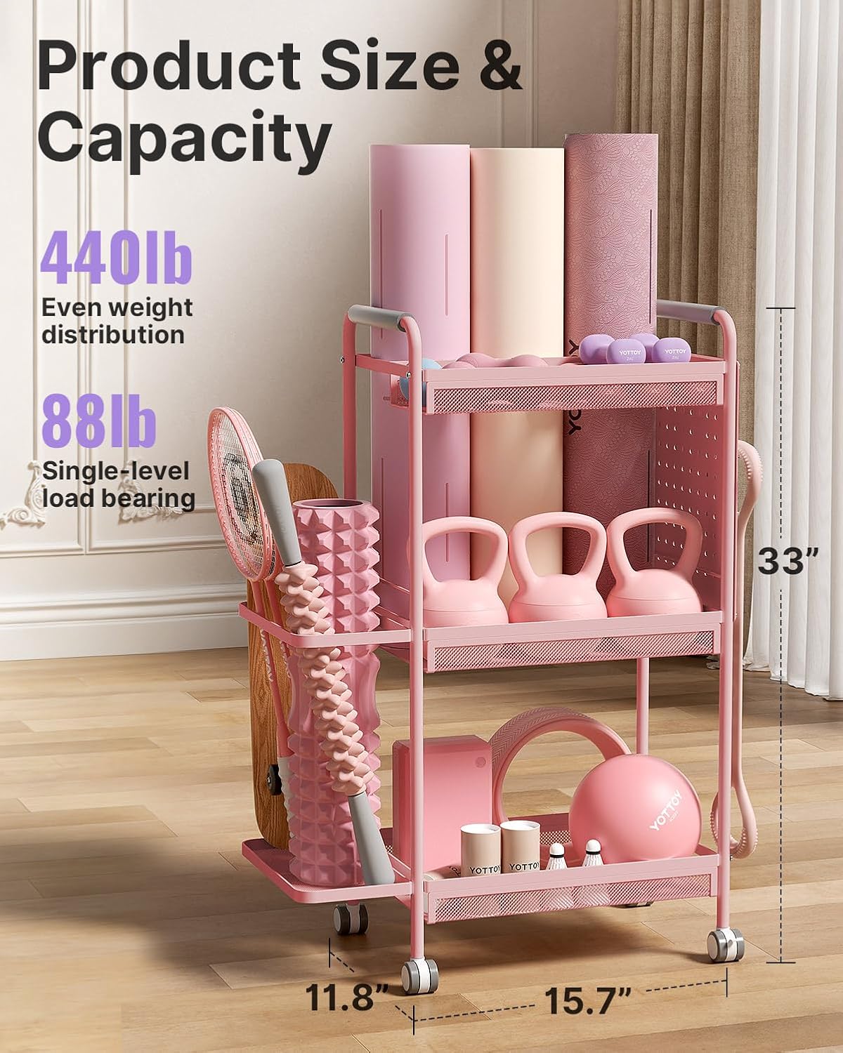 3-Tier Gym Storage Rack for Home Gym–Multi-Functional Weight Rack, Dumbbell Rack, Yoga Mat Holder with Side Basket & 6 Hooks, Gym Equipment Organizer