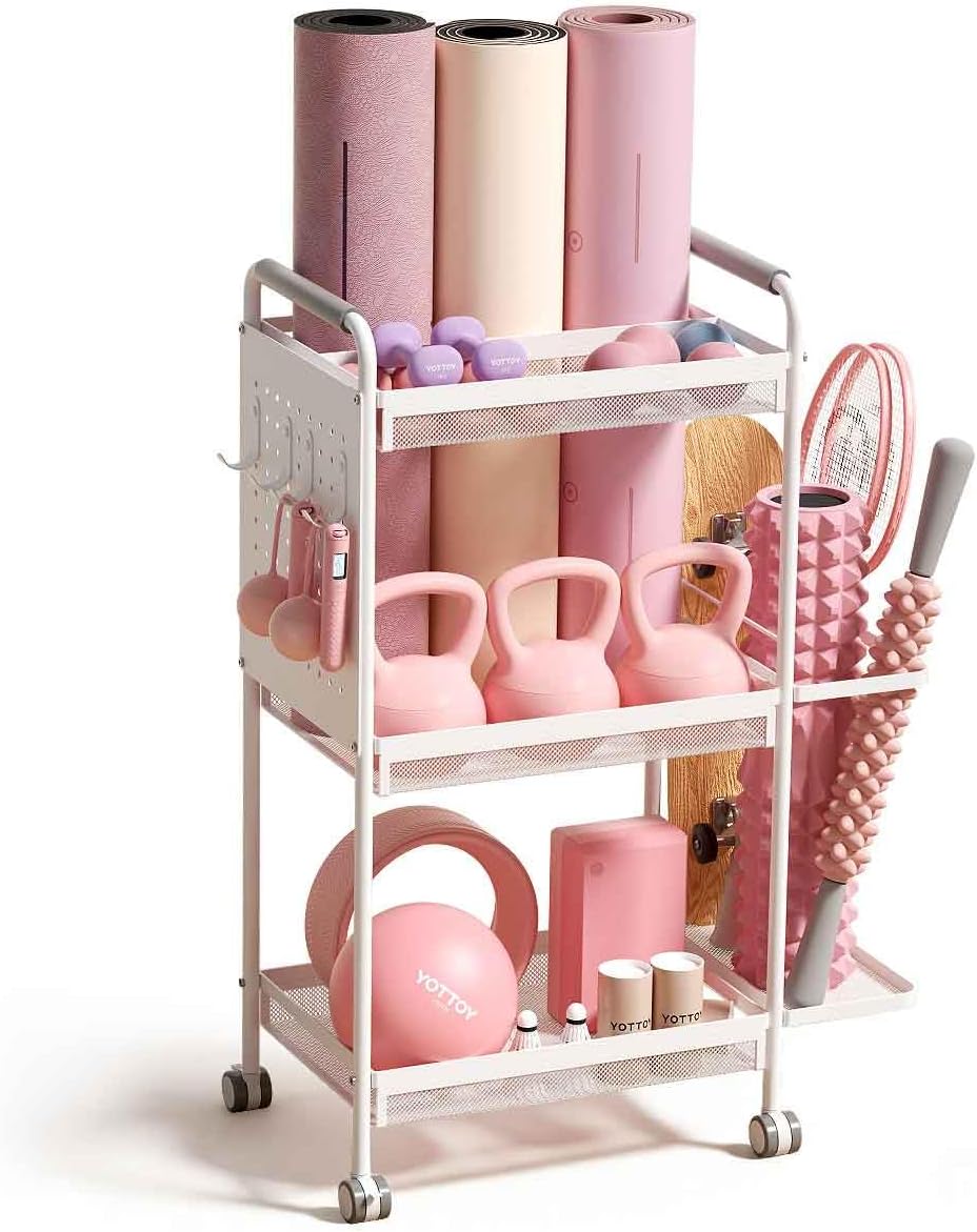 3-Tier Gym Storage Rack for Home Gym–Multi-Functional Weight Rack, Dumbbell Rack, Yoga Mat Holder with Side Basket & 6 Hooks, Gym Equipment Organizer
