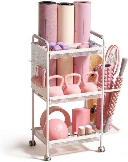 3-Tier Gym Storage Rack for Home Gym–Multi-Functional Weight Rack, Dumbbell Rack, Yoga Mat Holder with Side Basket & 6 Hooks, Gym Equipment Organizer