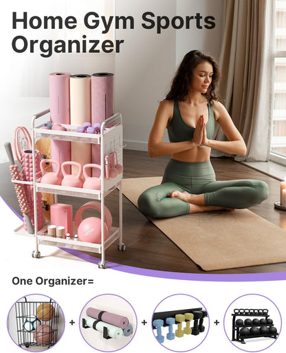 3-Tier Gym Storage Rack for Home Gym–Multi-Functional Weight Rack, Dumbbell Rack, Yoga Mat Holder with Side Basket & 6 Hooks, Gym Equipment Organizer