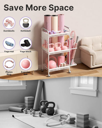 3-Tier Gym Storage Rack for Home Gym–Multi-Functional Weight Rack, Dumbbell Rack, Yoga Mat Holder with Side Basket & 6 Hooks, Gym Equipment Organizer