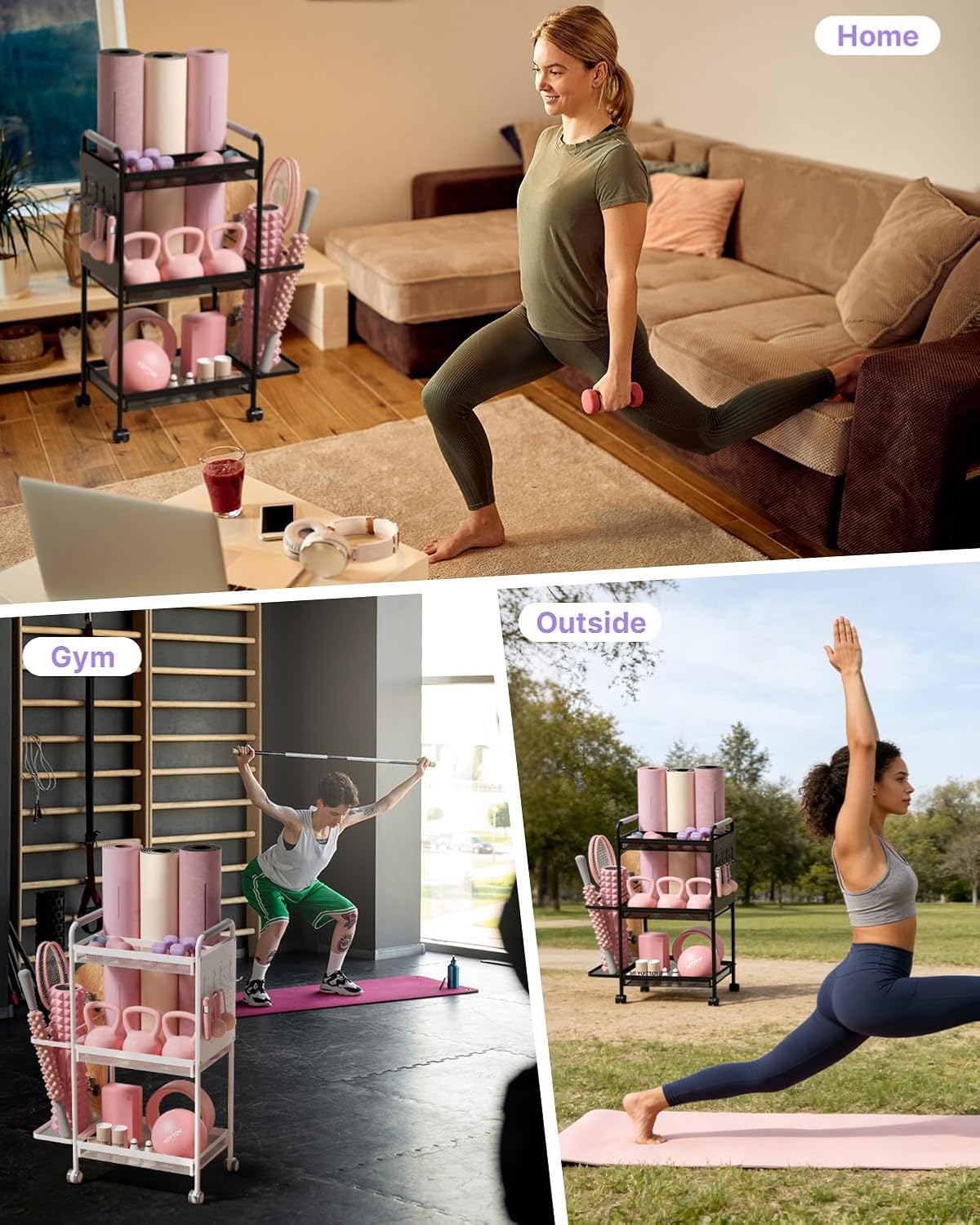 3-Tier Gym Storage Rack for Home Gym–Multi-Functional Weight Rack, Dumbbell Rack, Yoga Mat Holder with Side Basket & 6 Hooks, Gym Equipment Organizer