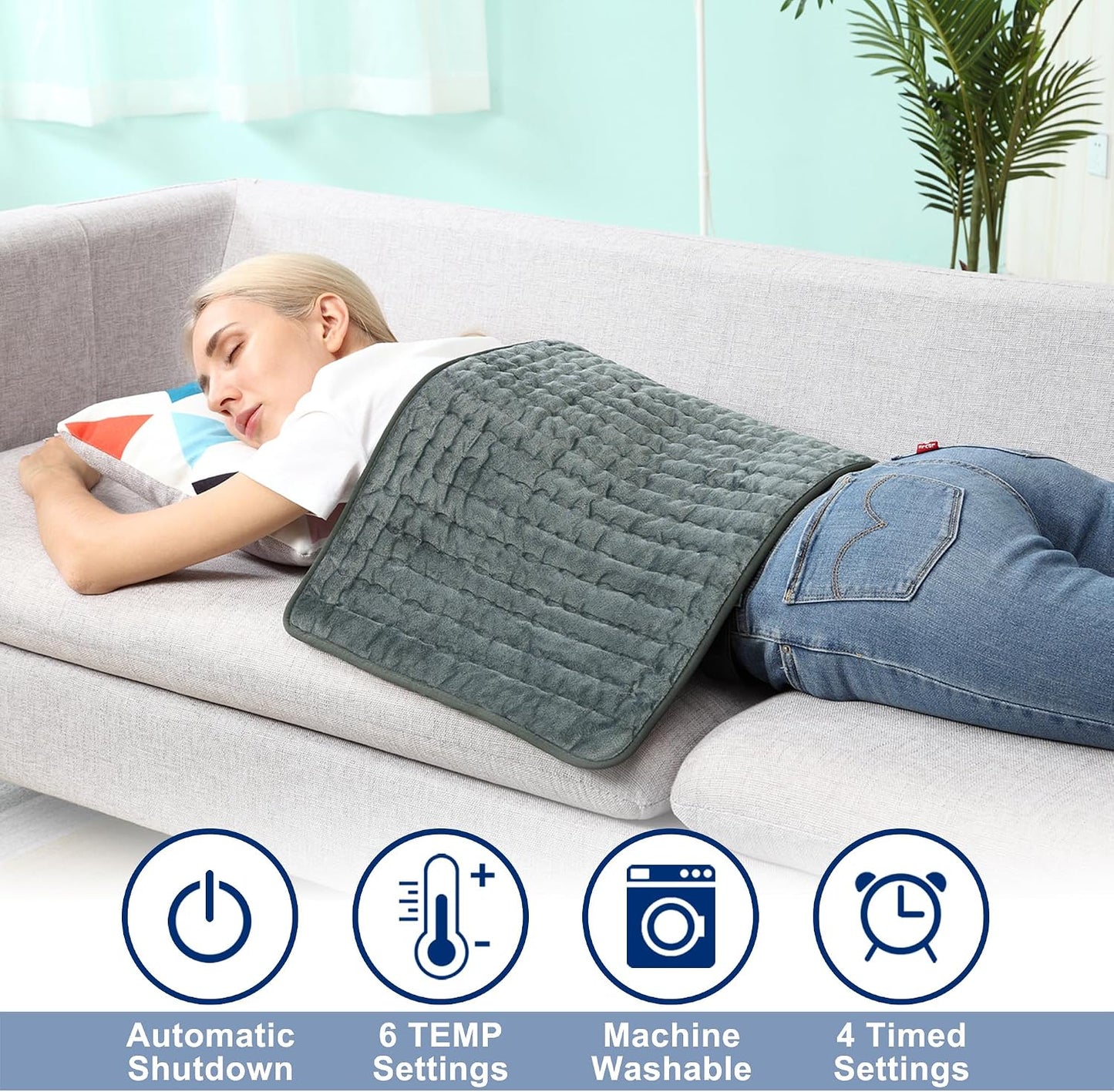 Electric Heating pad with 6 Heat Settings, Auto Shut Off, Dry Electric Heating for Back Neck Knee Arms Legs Shoulder Heat Pads for Christmas Birthday Father Mother's Day 24"X12", Gray Green