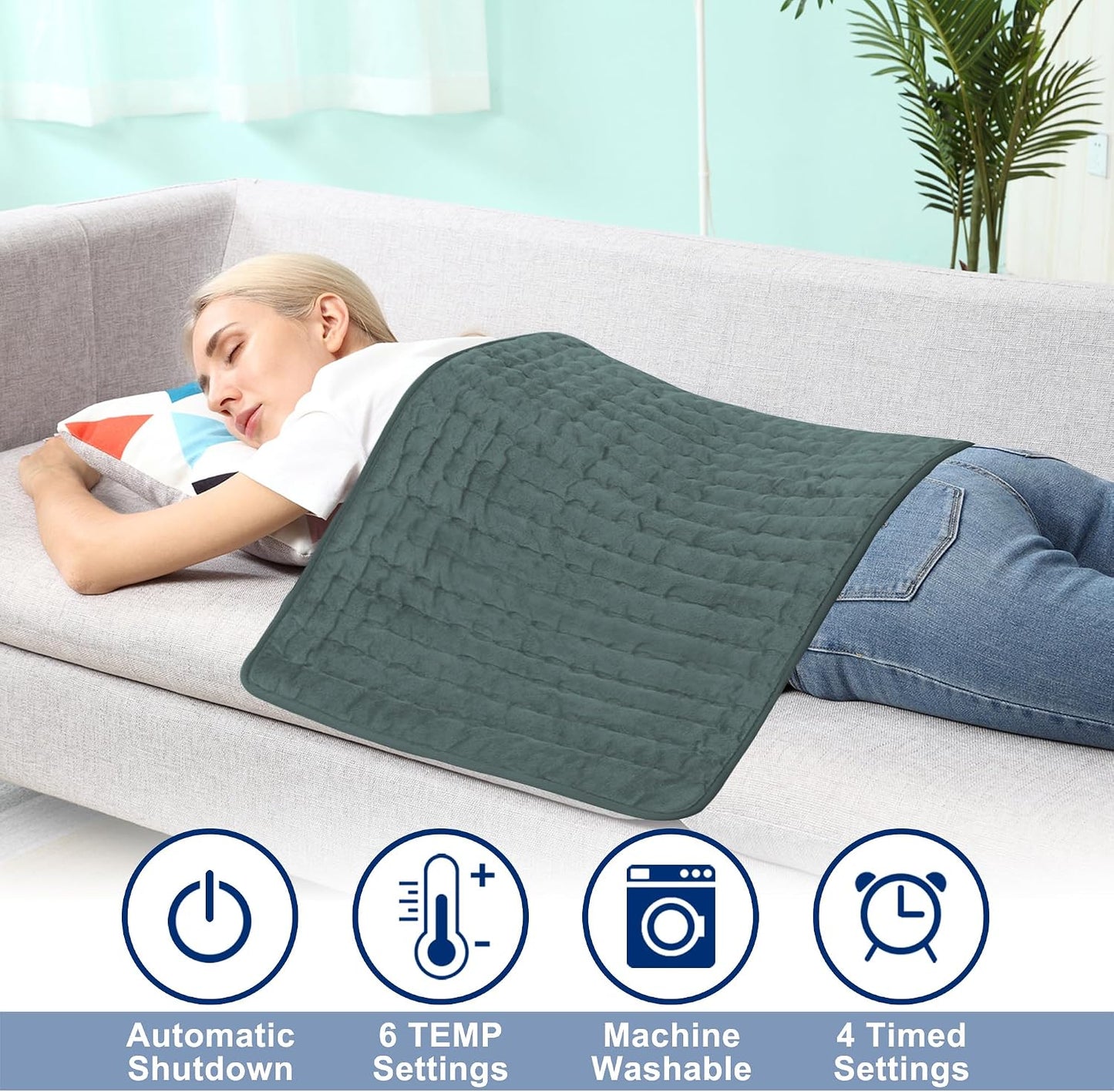 Electric Heating pad with 6 Heat Settings, Auto Shut Off, Dry Electric Heating for Back Neck Knee Arms Legs Shoulder Heat Pads for Christmas Birthday Father Mother's Day 24"X12", Gray Green