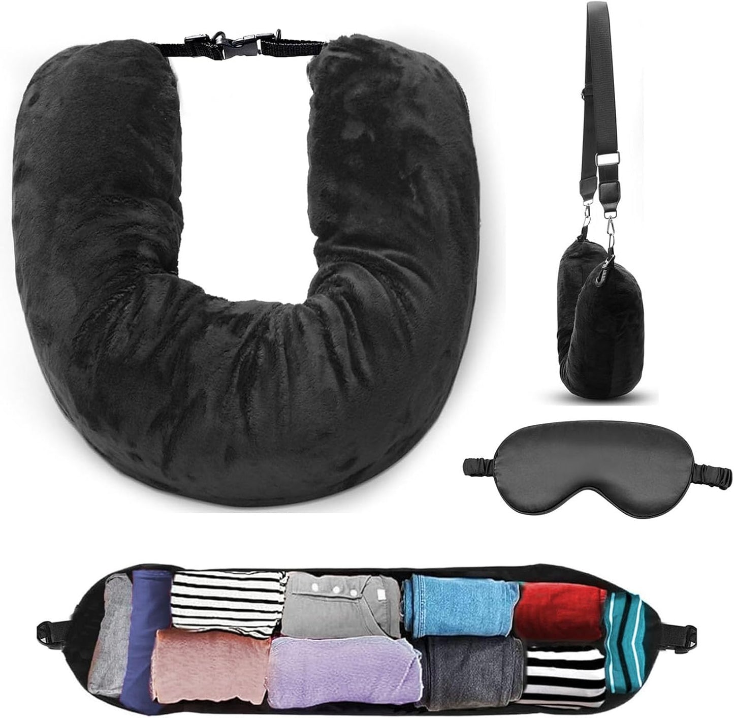 Stuffable Travel Neck Pillow Cover with Eye Mask, No Filler, Black