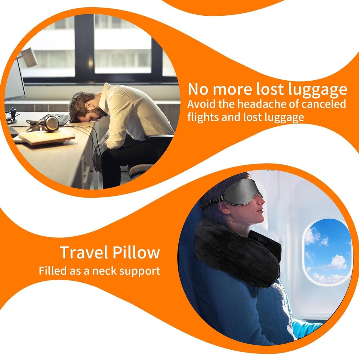 Stuffable Travel Neck Pillow Cover with Eye Mask, No Filler, Black