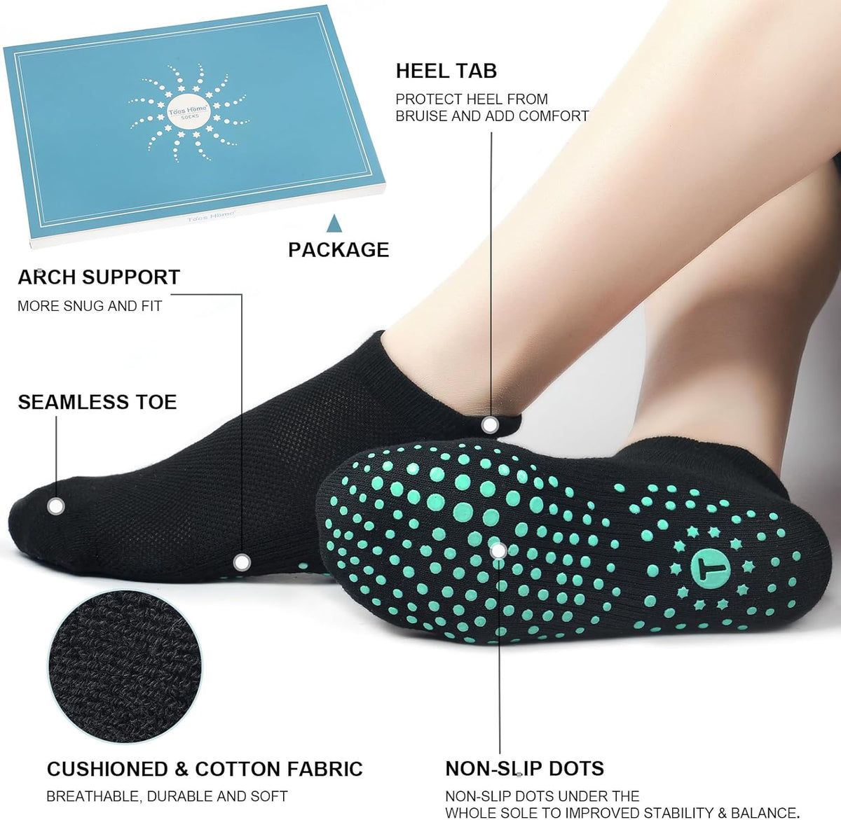 Pilates Socks for Women, Cushioned Ankle Grippy Non Slip Socks for Yoga, Hospital, Barre, Home Slipper 2/4 Pairs