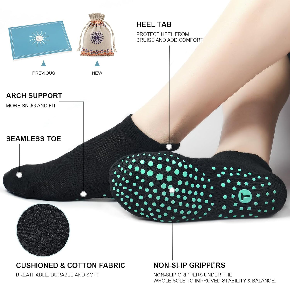 Pilates Socks for Women, Cushioned Ankle Grippy Non Slip Socks for Yoga, Hospital, Barre, Home Slipper 2/4 Pairs