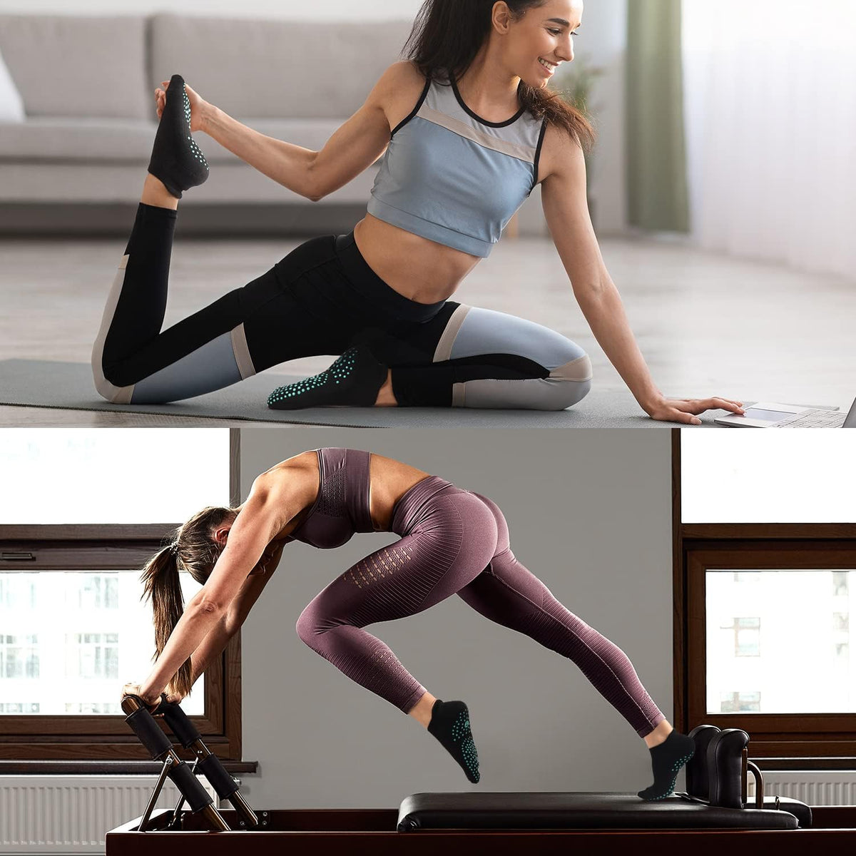 Pilates Socks for Women, Cushioned Ankle Grippy Non Slip Socks for Yoga, Hospital, Barre, Home Slipper 2/4 Pairs