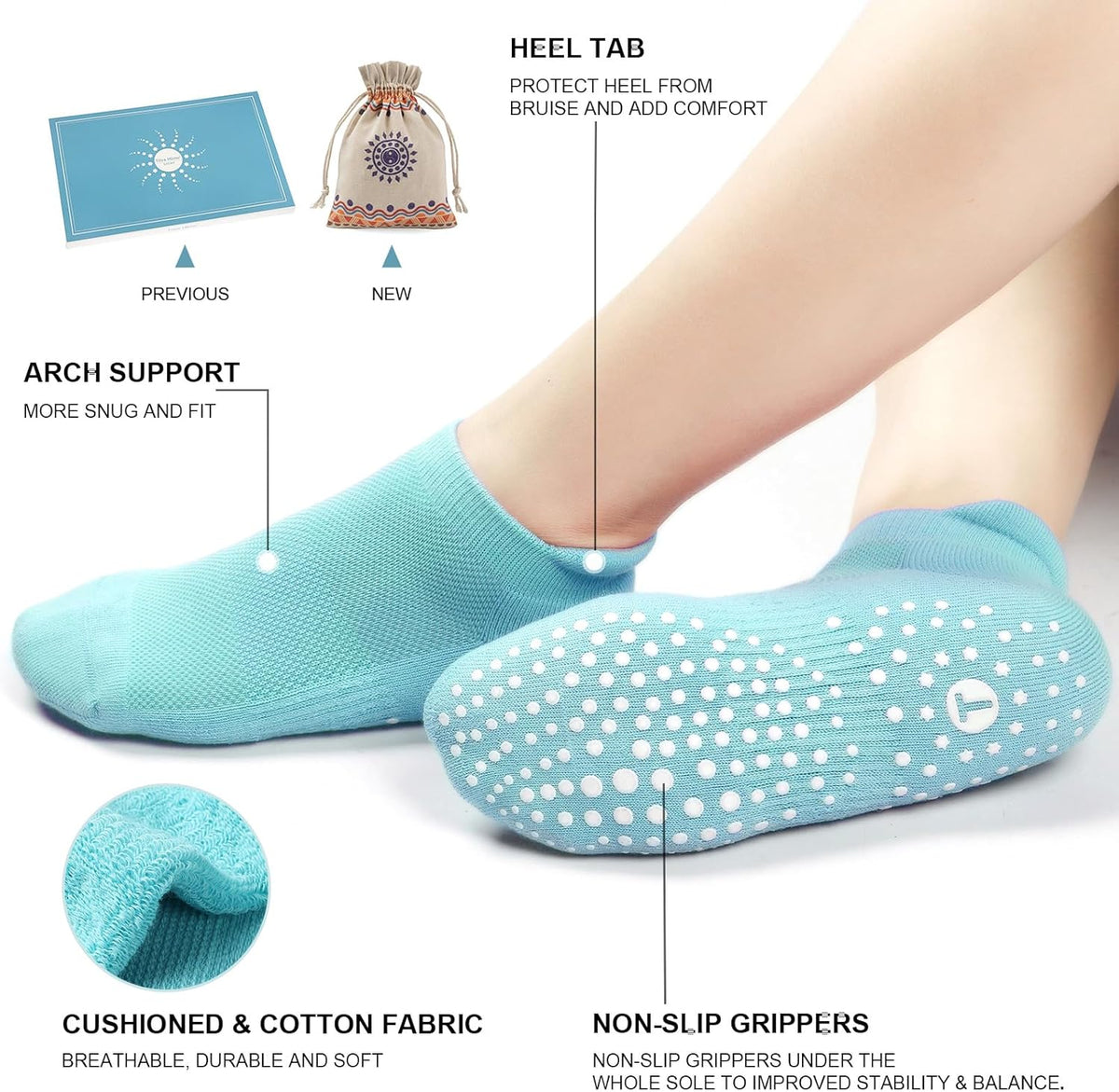 Pilates Socks for Women, Cushioned Ankle Grippy Non Slip Socks for Yoga, Hospital, Barre, Home Slipper 2/4 Pairs