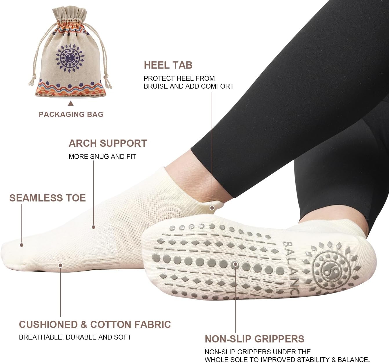 Pilates Socks for Women, Cushioned Ankle Grippy Non Slip Socks for Yoga, Hospital, Barre, Home Slipper 2/4 Pairs