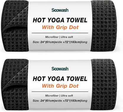 Hot Yoga Towel 2 Pack Yoga Mat Towels Microfiber Yoga Towels for Hot Yoga Non Slip Absorbent Anti-Slip Cover Hot Pilates Exercise Fitness 24 inch X 72 inch Black