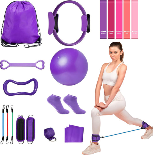 Home Pilates Essentials Kit for Women: 18Pcs Pilates Workout Equipment Set with Pilates Ring, Yoga Ball, Resistance Band, Pilates Fitness Set for Legs Arms, Gym Back Bag, Anti Slip Socks