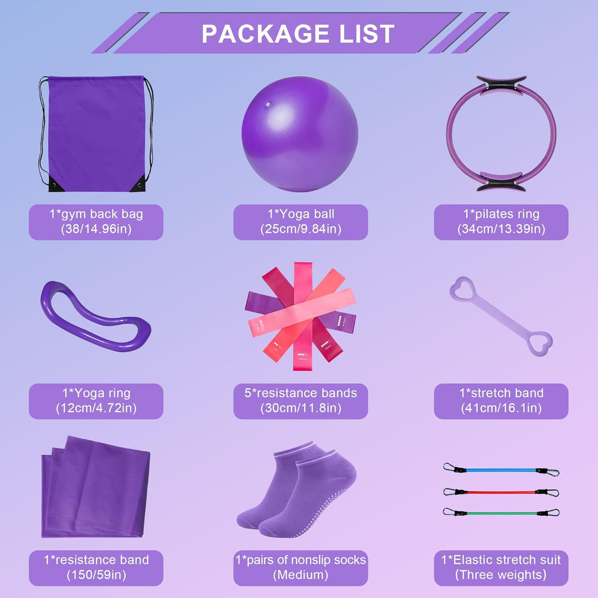 Home Pilates Essentials Kit for Women: 18Pcs Pilates Workout Equipment Set with Pilates Ring, Yoga Ball, Resistance Band, Pilates Fitness Set for Legs Arms, Gym Back Bag, Anti Slip Socks