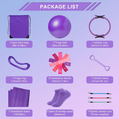 Home Pilates Essentials Kit for Women: 18Pcs Pilates Workout Equipment Set with Pilates Ring, Yoga Ball, Resistance Band, Pilates Fitness Set for Legs Arms, Gym Back Bag, Anti Slip Socks
