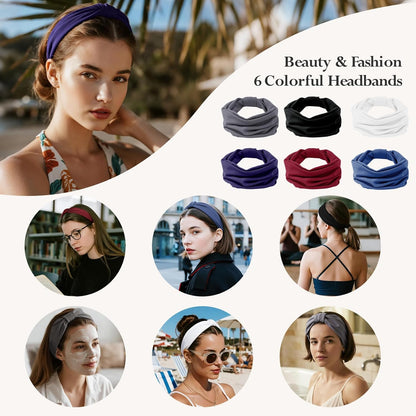 HSEM Headbands for Women, Wide Elastic Head Bands, Non-Slip Thick Hair Bands, Sports Stretchy Sweat Bands, Large Knotted Soft Headband for Washing Face, Makeup, Workout, Spa, Running, Fashion, 6-Pack