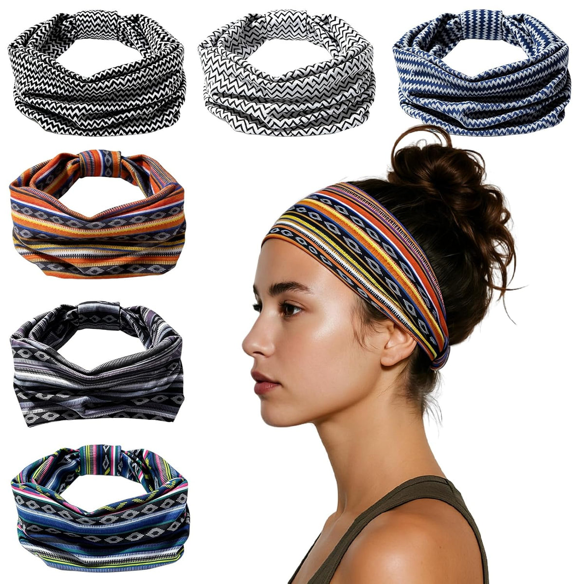 HSEM Headbands for Women, Wide Elastic Head Bands, Non-Slip Thick Hair Bands, Sports Stretchy Sweat Bands, Large Knotted Soft Headband for Washing Face, Makeup, Workout, Spa, Running, Fashion, 6-Pack