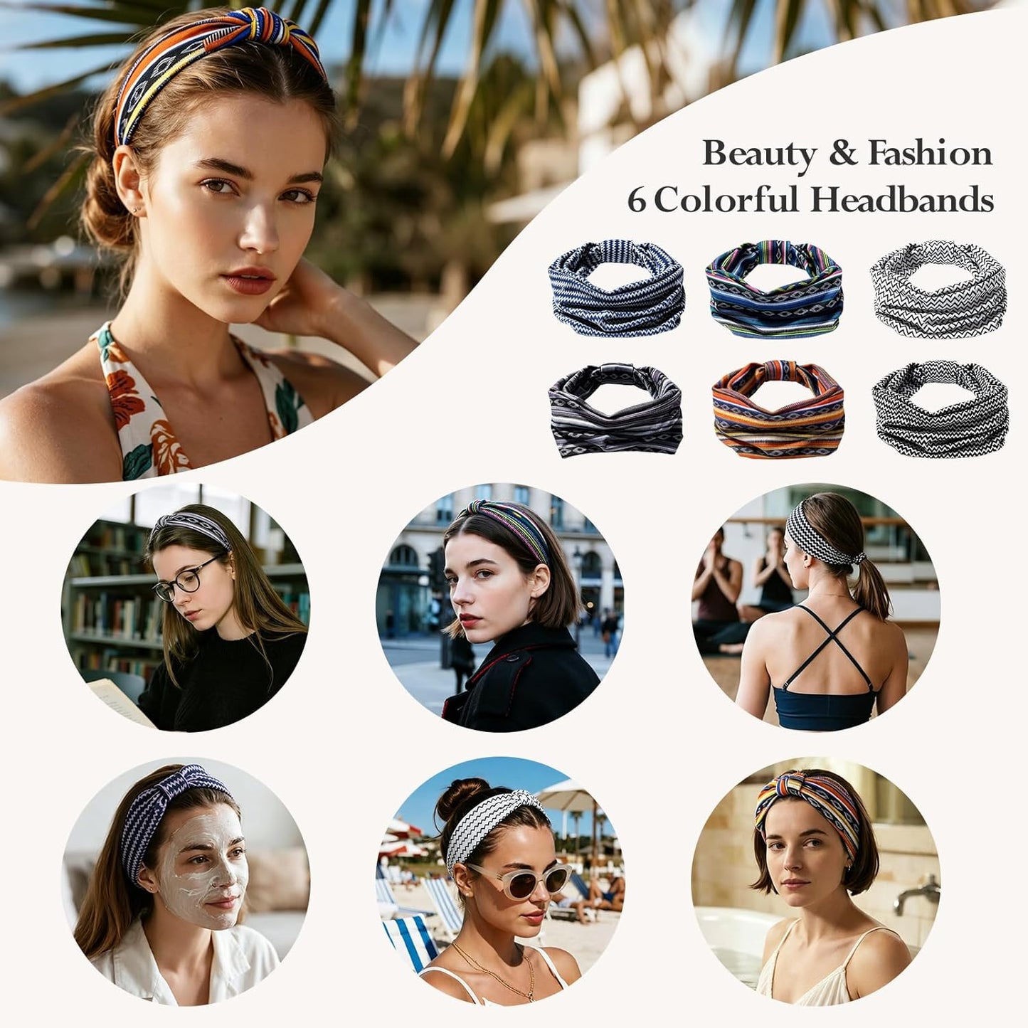 HSEM Headbands for Women, Wide Elastic Head Bands, Non-Slip Thick Hair Bands, Sports Stretchy Sweat Bands, Large Knotted Soft Headband for Washing Face, Makeup, Workout, Spa, Running, Fashion, 6-Pack