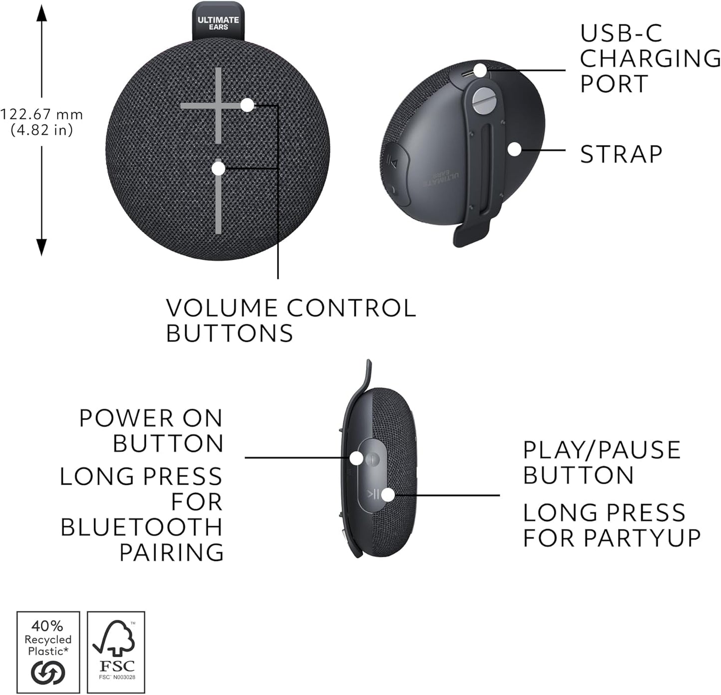MINIROLL Ultra-Portable Waterproof Bluetooth Speaker, Balanced Bass, IP67 Dustproof, 131 ft (40 m) Range - Gentle Black