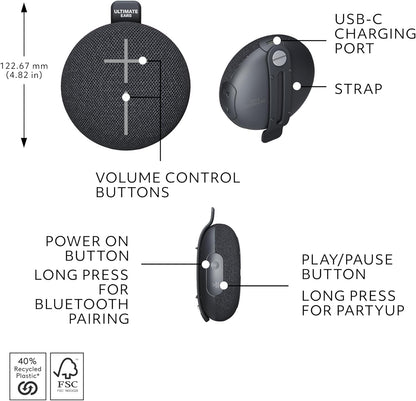 MINIROLL Ultra-Portable Waterproof Bluetooth Speaker, Balanced Bass, IP67 Dustproof, 131 ft (40 m) Range - Gentle Black