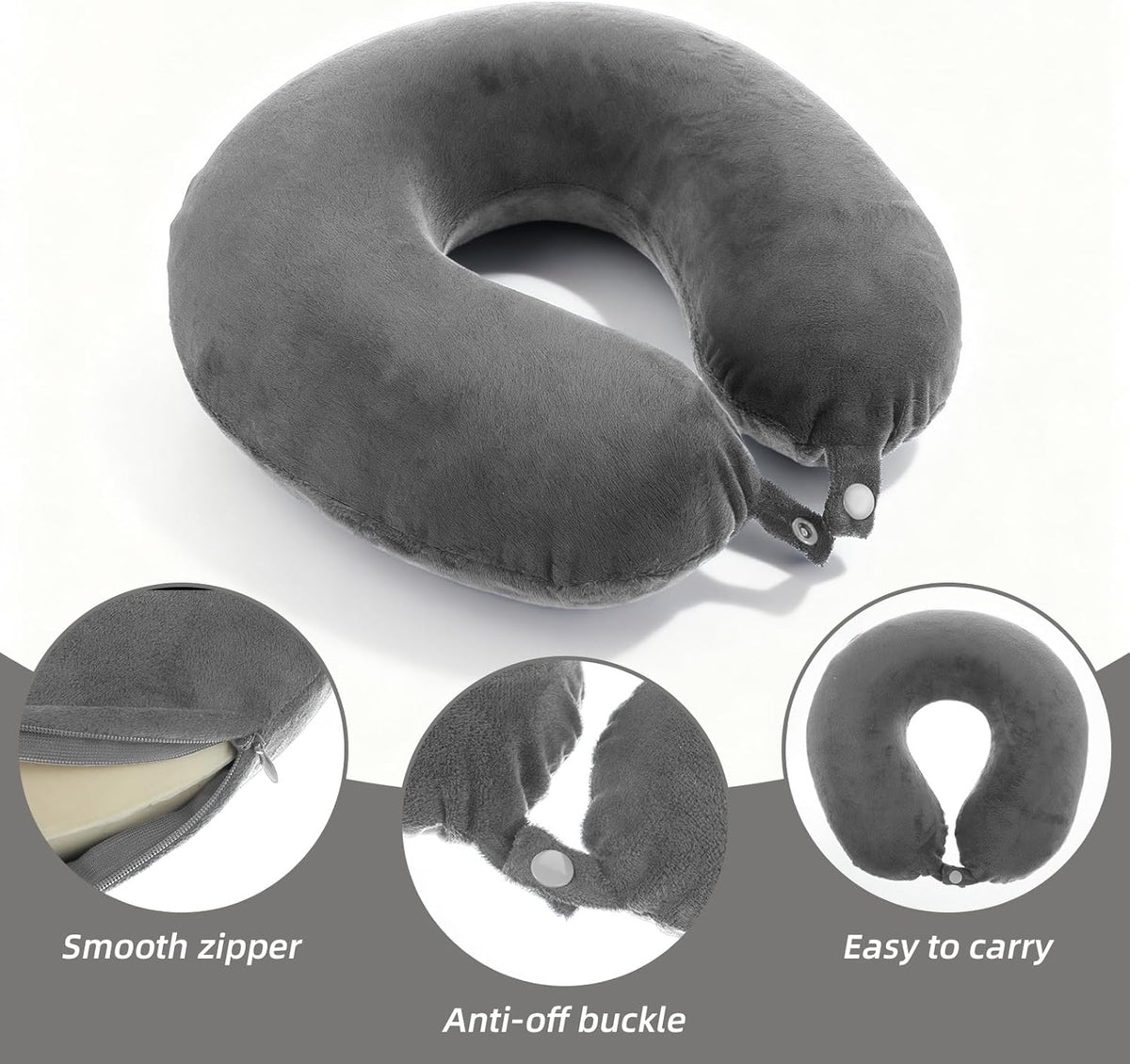 2 Pcs Travel Neck Pillow Cover with Zipper, Soft Reusable U-Shaped Neck Pillow Cover Washable Smooth Airplane Pillows Covers (No Filler)(Grey)