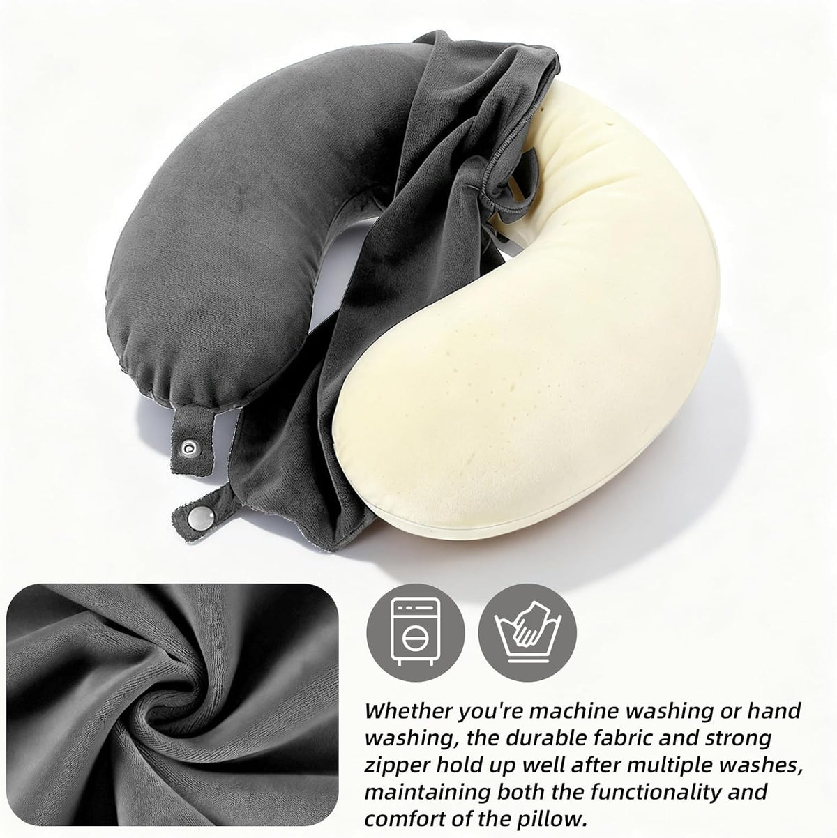 2 Pcs Travel Neck Pillow Cover with Zipper, Soft Reusable U-Shaped Neck Pillow Cover Washable Smooth Airplane Pillows Covers (No Filler)(Grey)