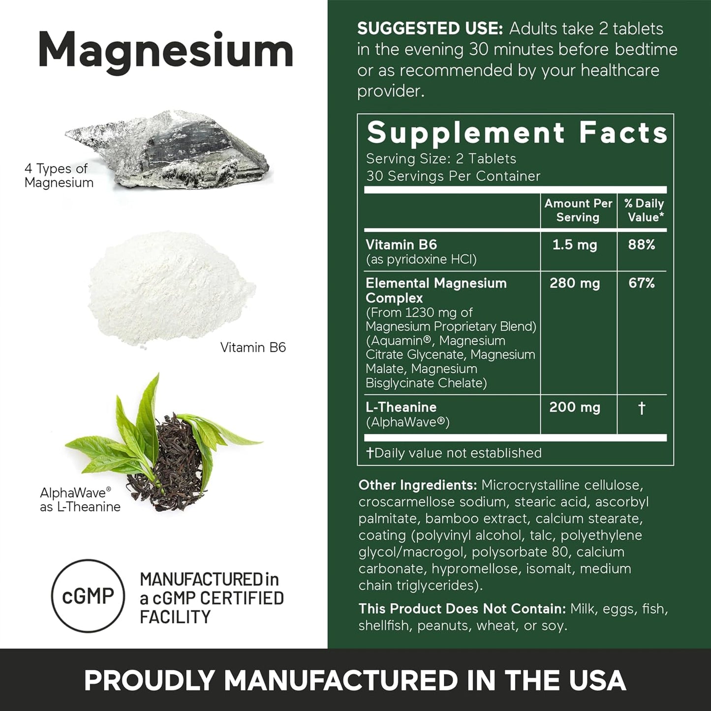 Magnesium Complex - Chelated Magnesium Glycinate with Citrate, Malate and L-Theanine for Sleep, Muscle Relaxation and Stress Support - Non-GMO - 60 Tablets[30DaySupply]